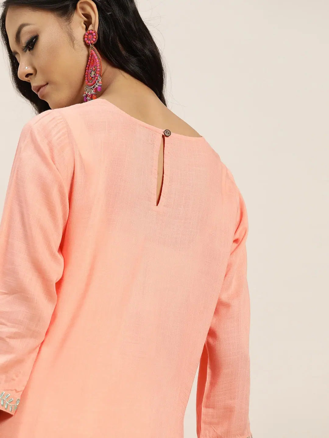 Peach Embroidered Top - Round Neck, Rayon Slub Fabric
