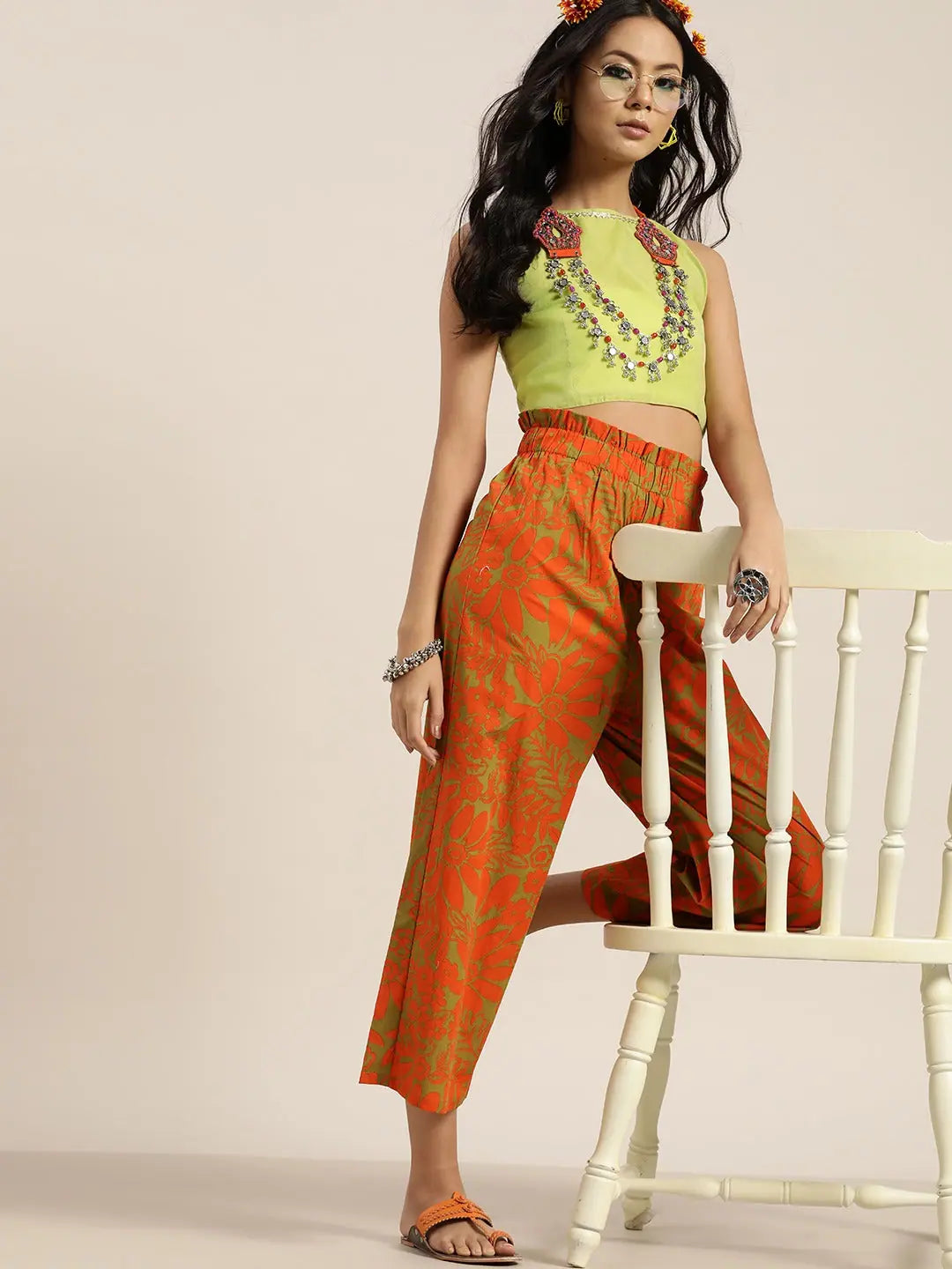 Sea Green Crop Top - Sleeveless Chanderi Fabric, Embroidered