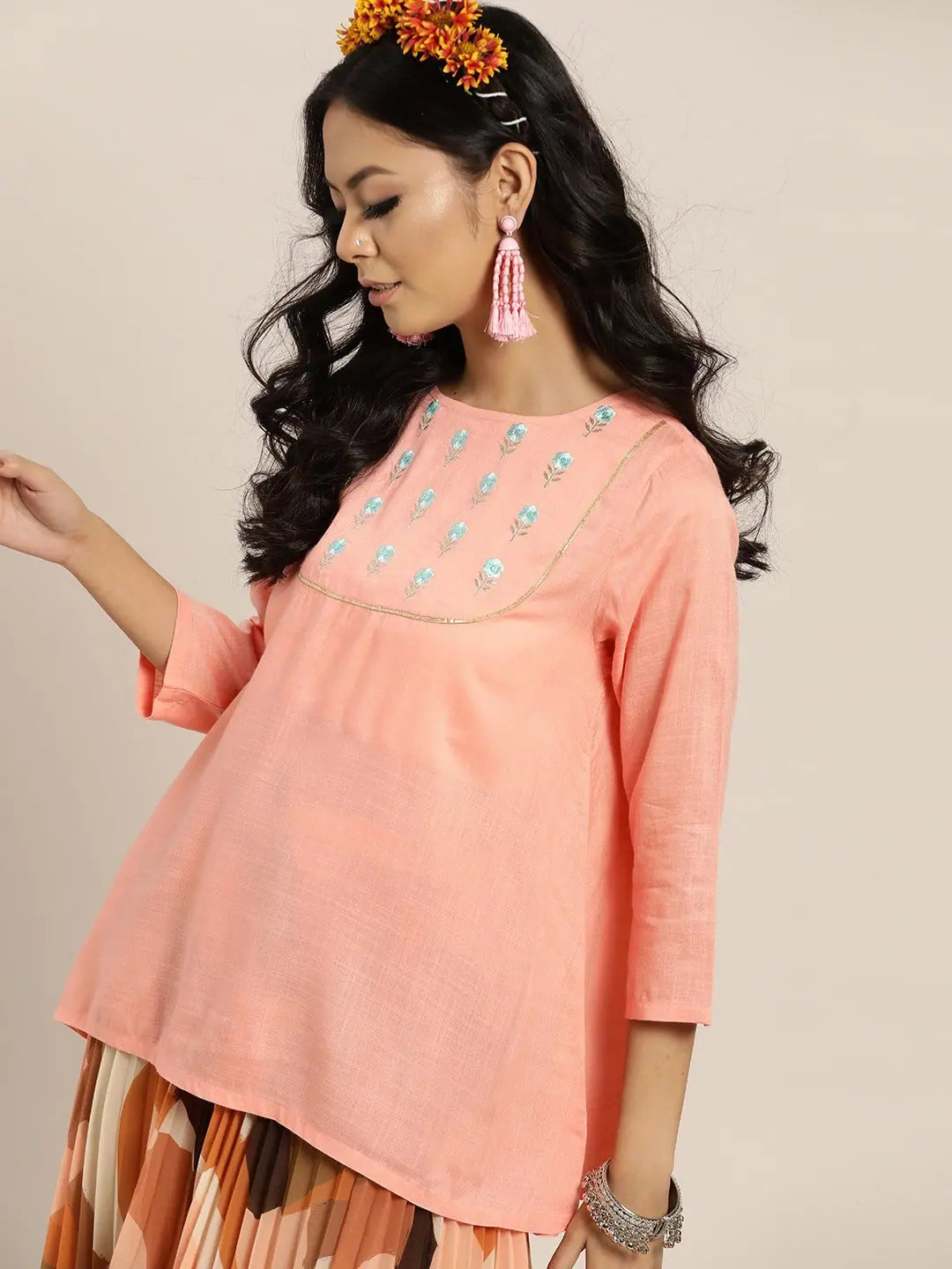 Peach Embroidered A-Line Top - Rayon Slub Fabric, Yoke Detail