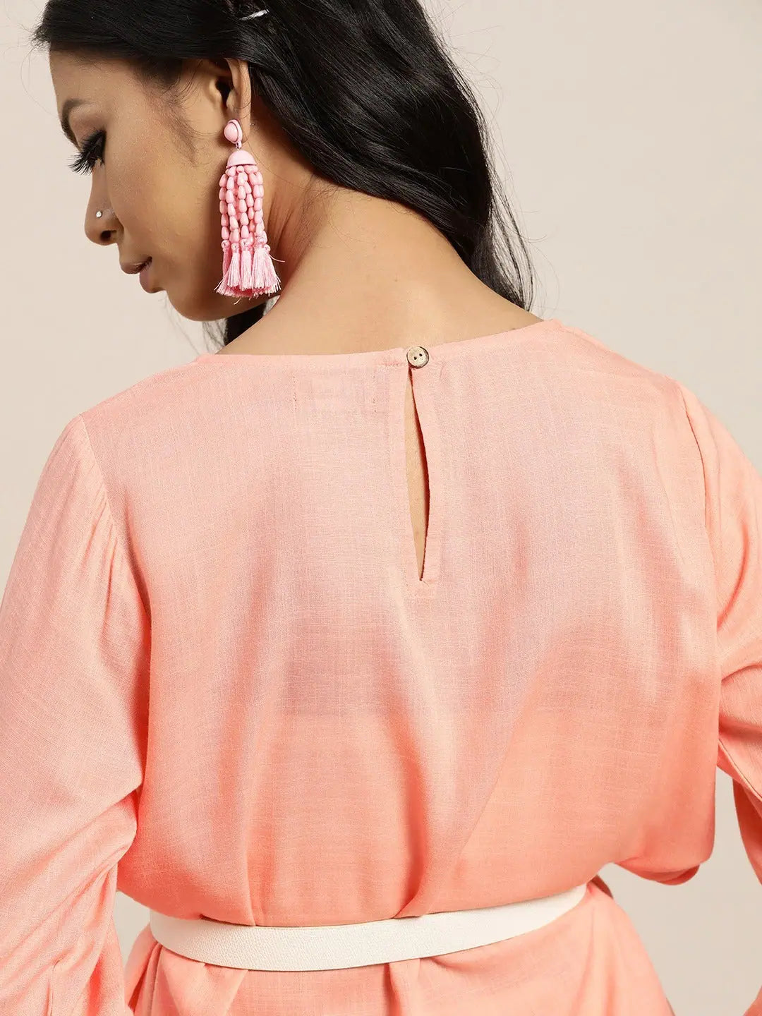 Peach Embroidered A-Line Top - Rayon Slub Fabric, Yoke Detail