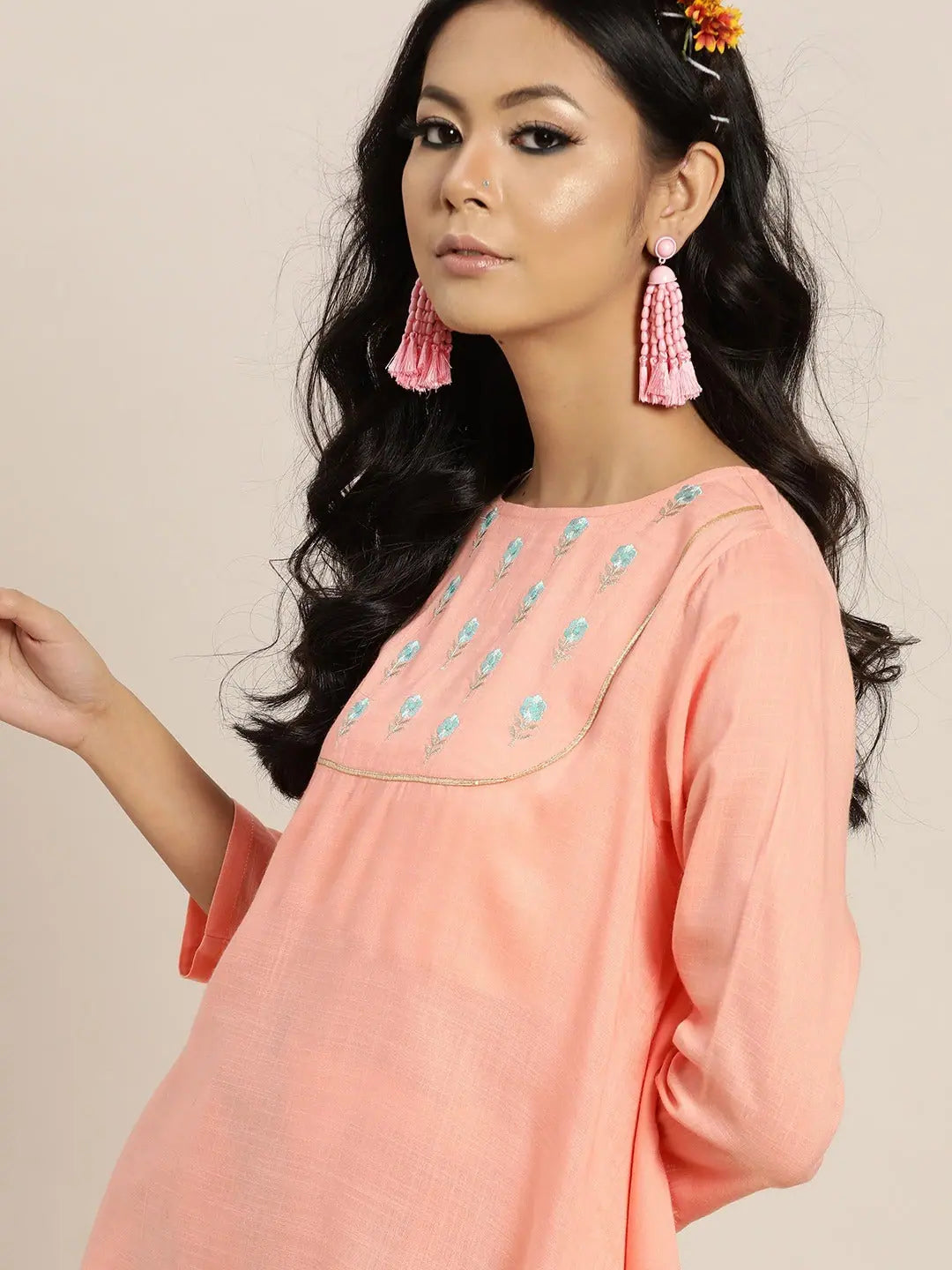 Peach Embroidered A-Line Top - Rayon Slub Fabric, Yoke Detail
