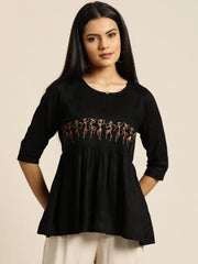 Black Tribal Embroidery Liva Peplum Top
