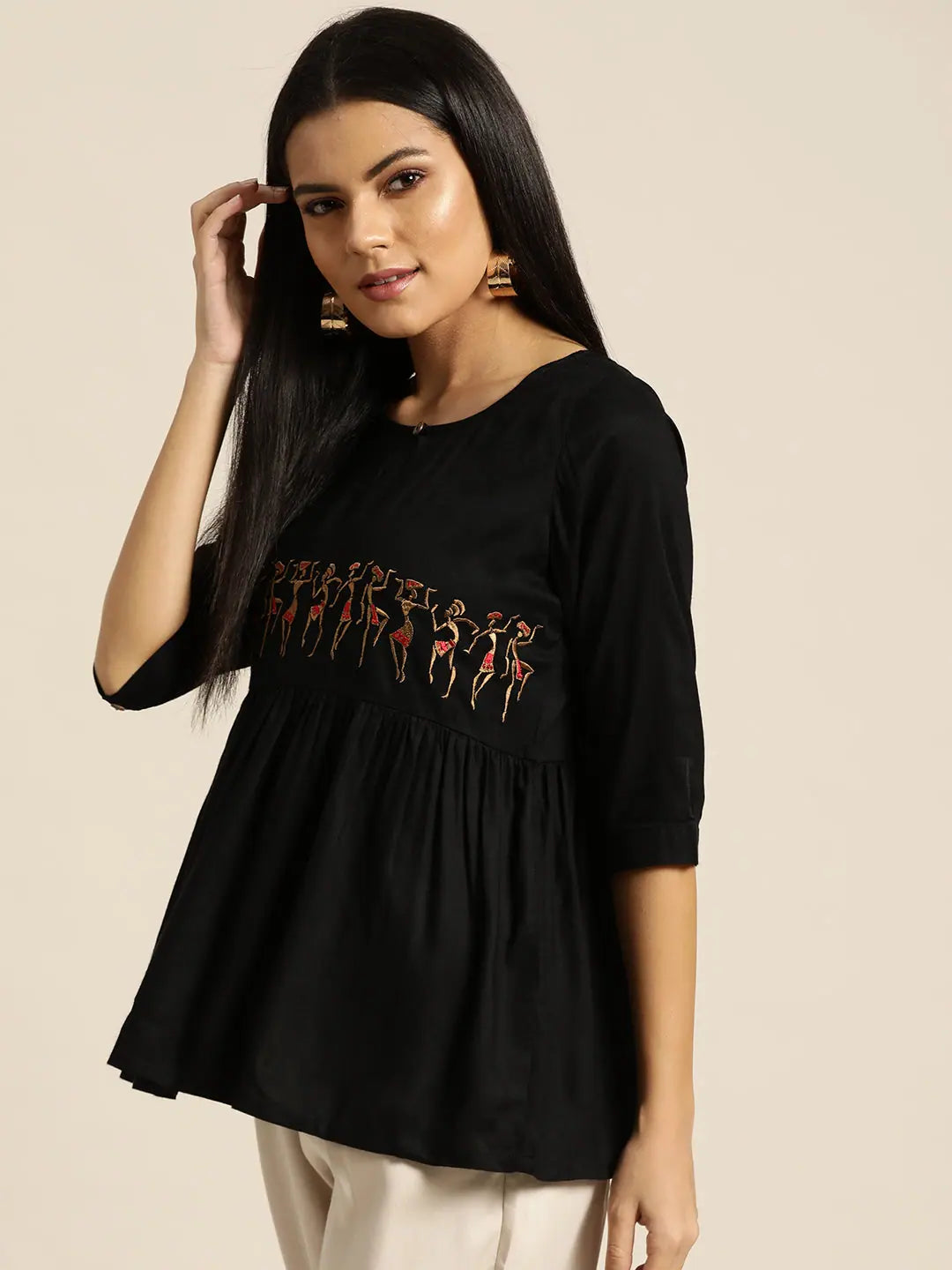 Black Tribal Embroidery Peplum Top - Ethnic Lehenga Collection