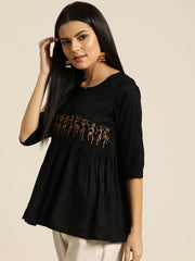Black Tribal Embroidery Liva Peplum Top