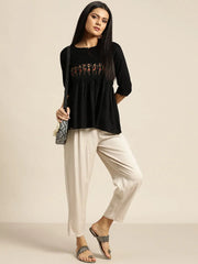 Black Tribal Embroidery Liva Peplum Top