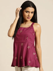 Burgundy Zari Embroidered Liva Strappy Top