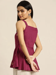 Burgundy Zari Embroidered Liva Strappy Top