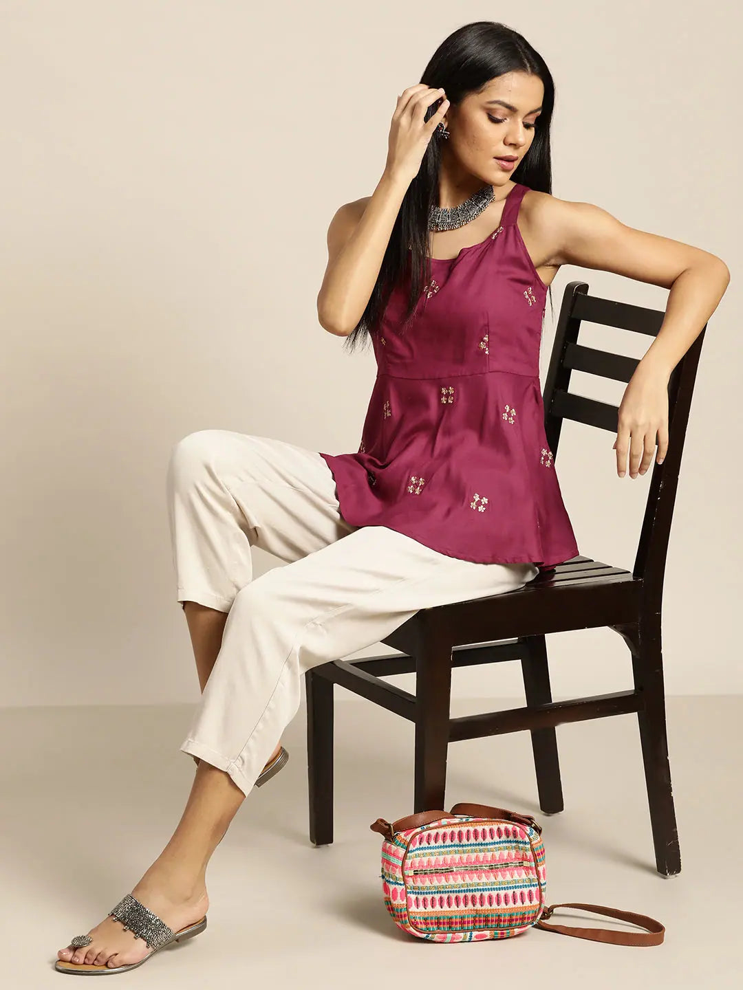 Burgundy Zari Embroidered Strappy Top | Lehenga for Women