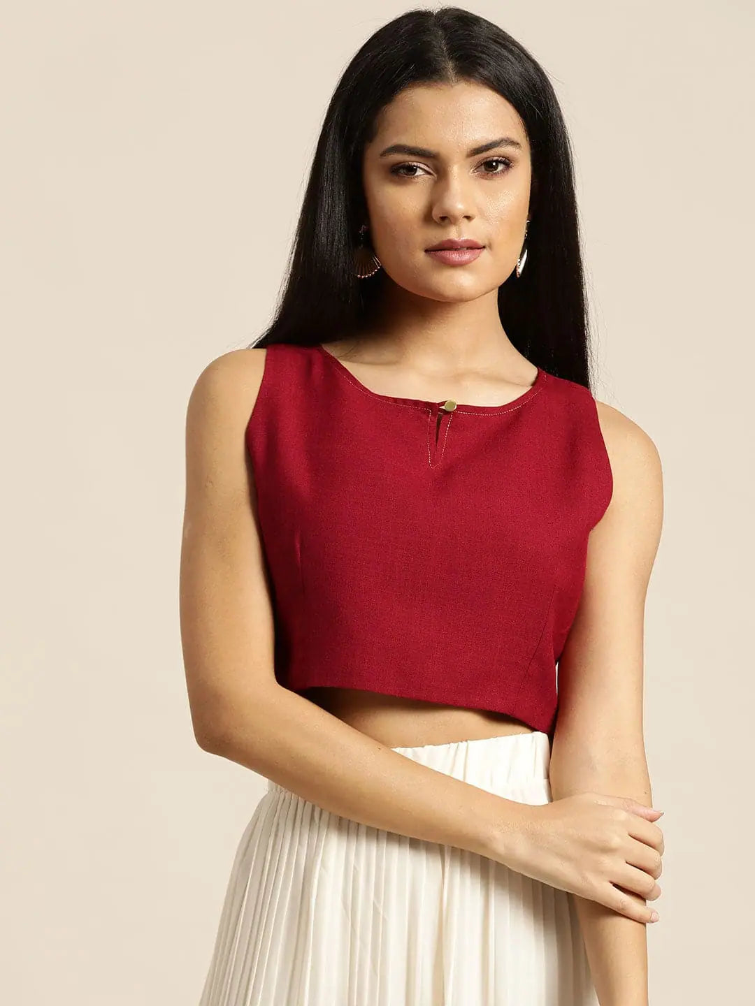 Maroon Sleeveless Crop Top with Zari Detail | Ethnic Lehenga