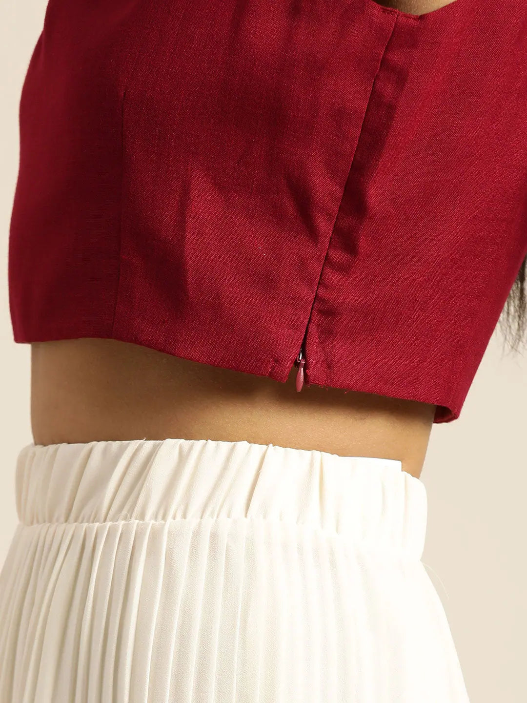 Maroon Sleeveless Crop Top with Zari Detail | Ethnic Lehenga