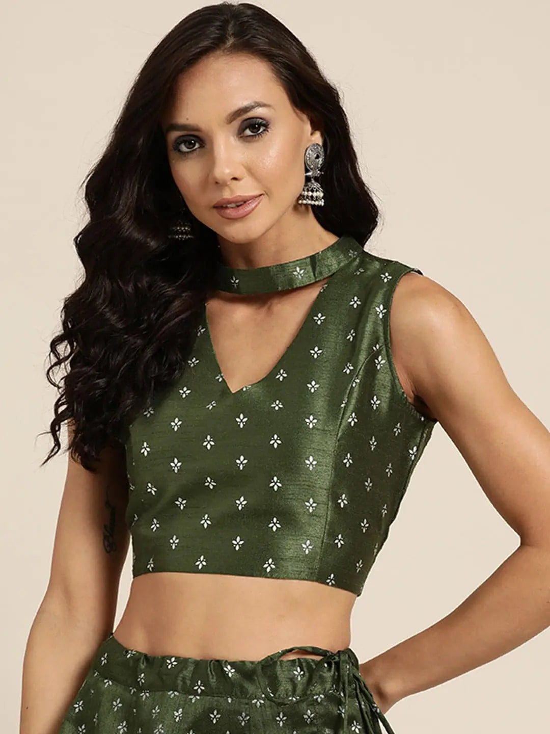 Foil Print Choker Top: Dark Green Silver Top for Women