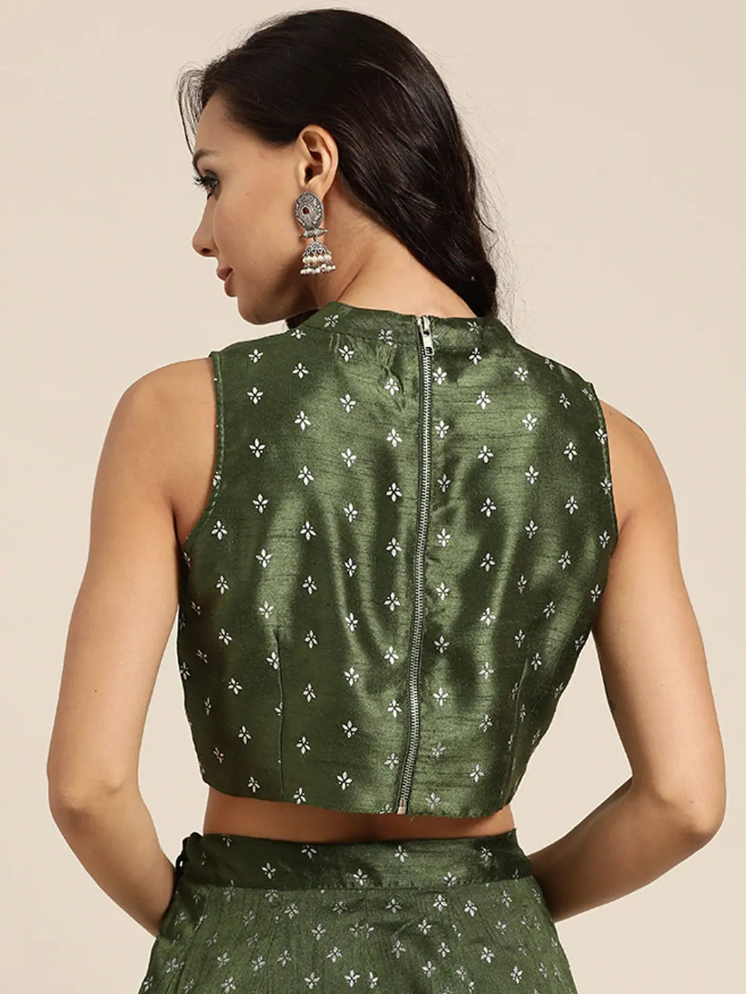 Foil Print Choker Top: Dark Green Silver Top for Women