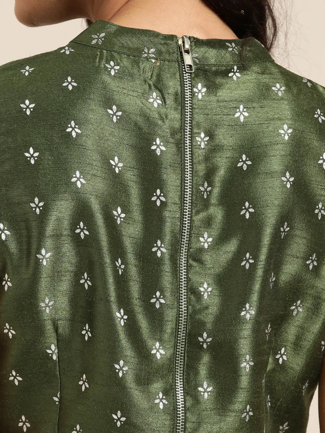 Foil Print Choker Top: Dark Green Silver Top for Women