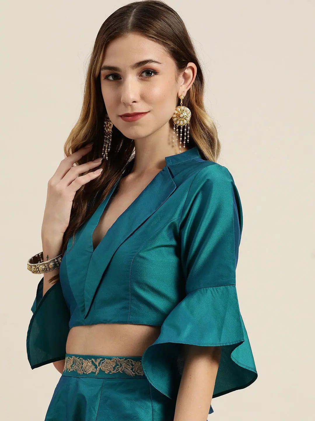 Teal Crop Top: Modern Ethnic Lehenga Look | Women's Top