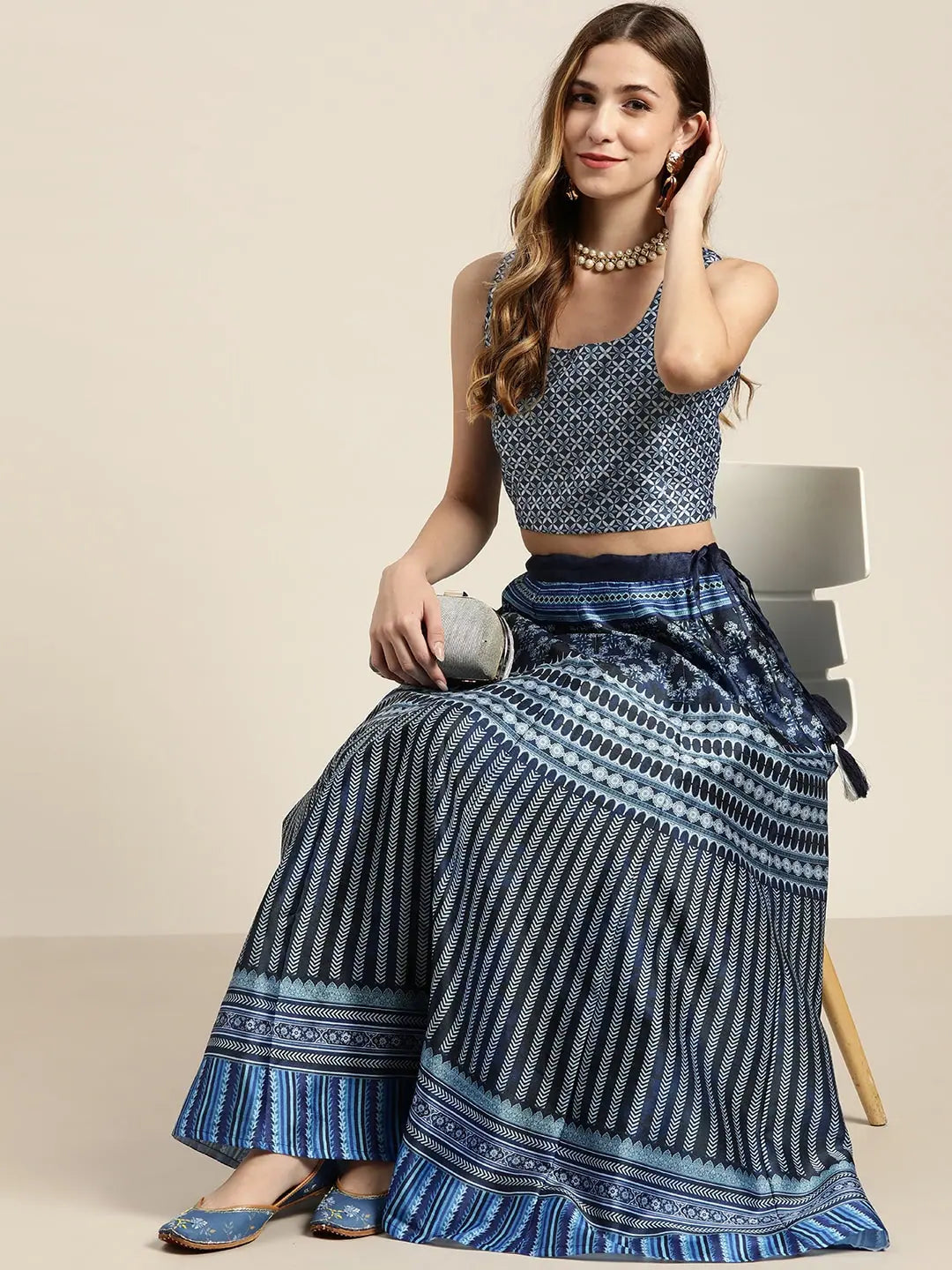 Indigo Floral Crop Top | Designer Lehenga Choli Look for Women