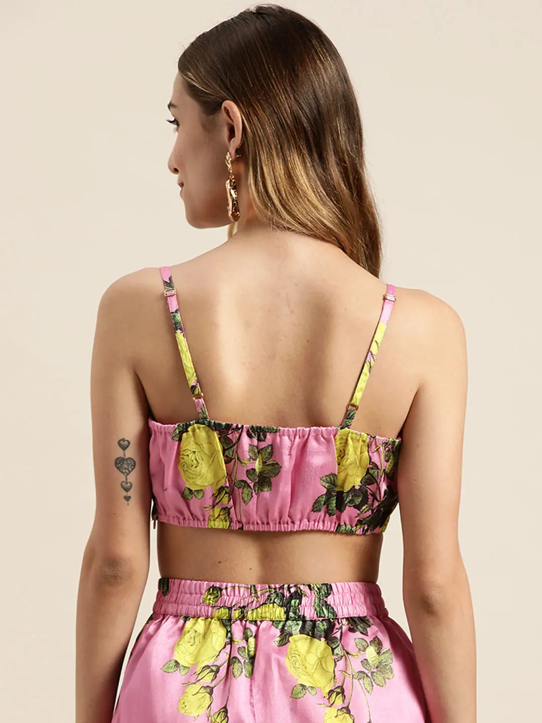 Pink Floral Strappy Crop Top | Poly Silk Fabric