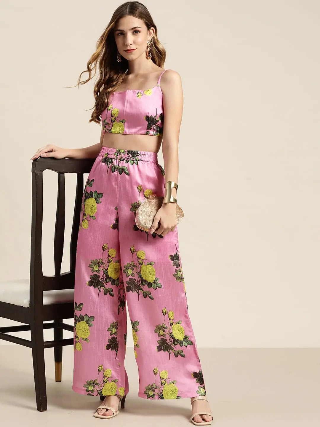 Pink Floral Strappy Crop Top | Poly Silk Fabric