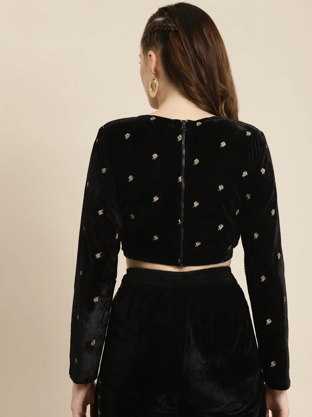 Black Embroidered Velvet Crop Top | Designer Lehenga Choli Set