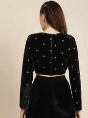 Black Full Sleeve Embroidered Velvet Crop Top
