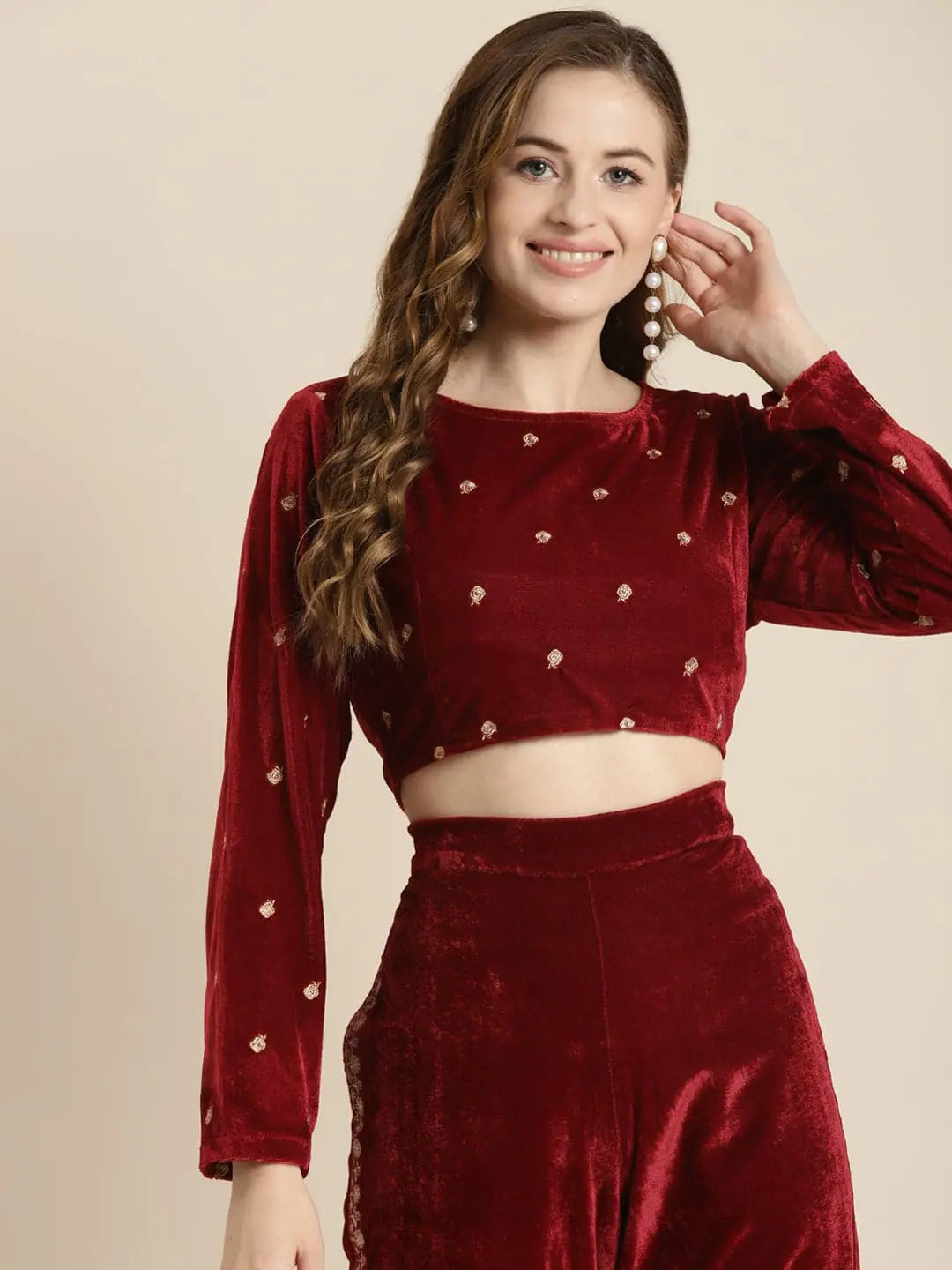 Maroon Embroidered Velvet Crop Top | Party Wear Lehenga Choli