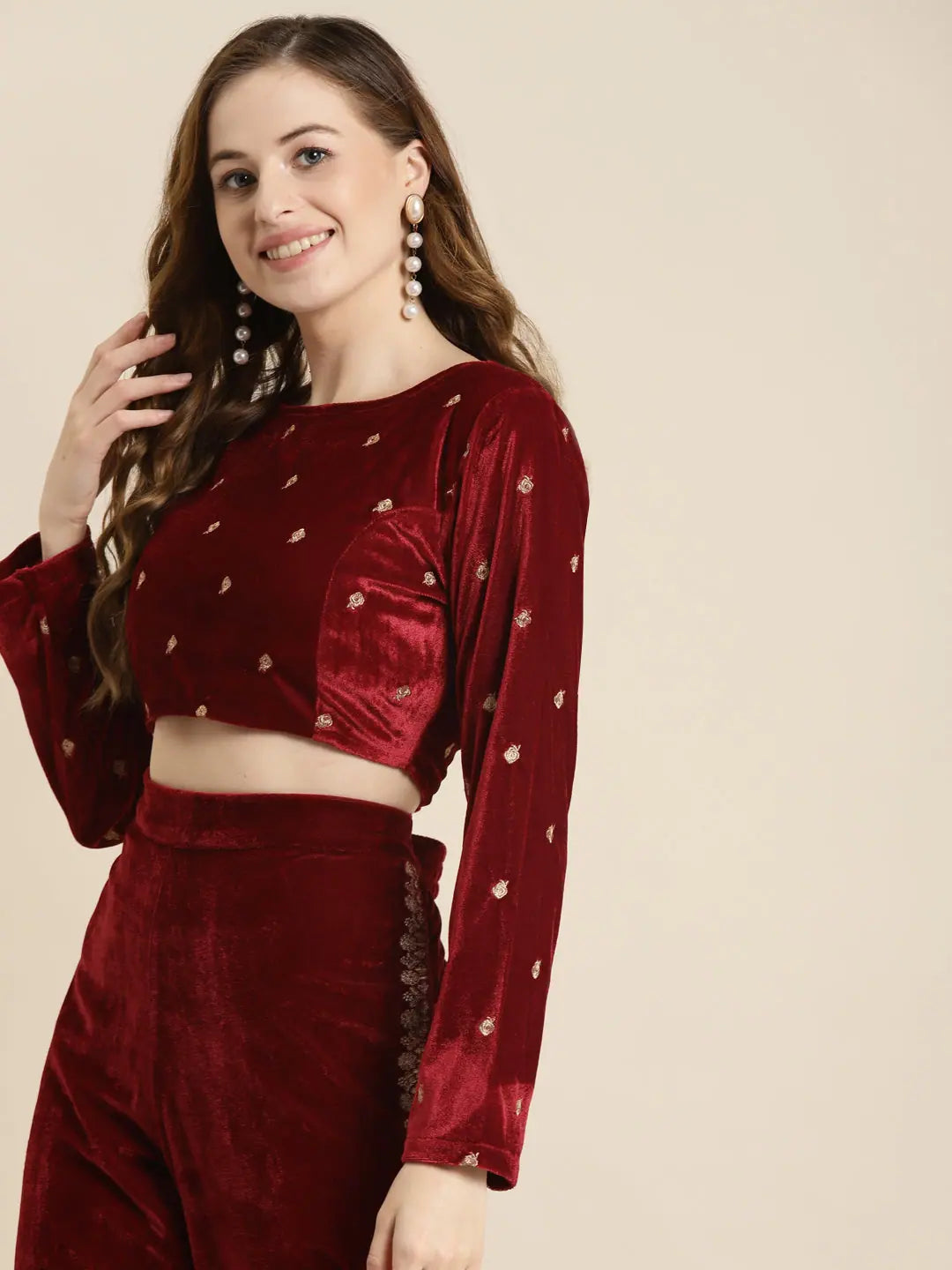 Maroon Embroidered Velvet Crop Top | Party Wear Lehenga Choli