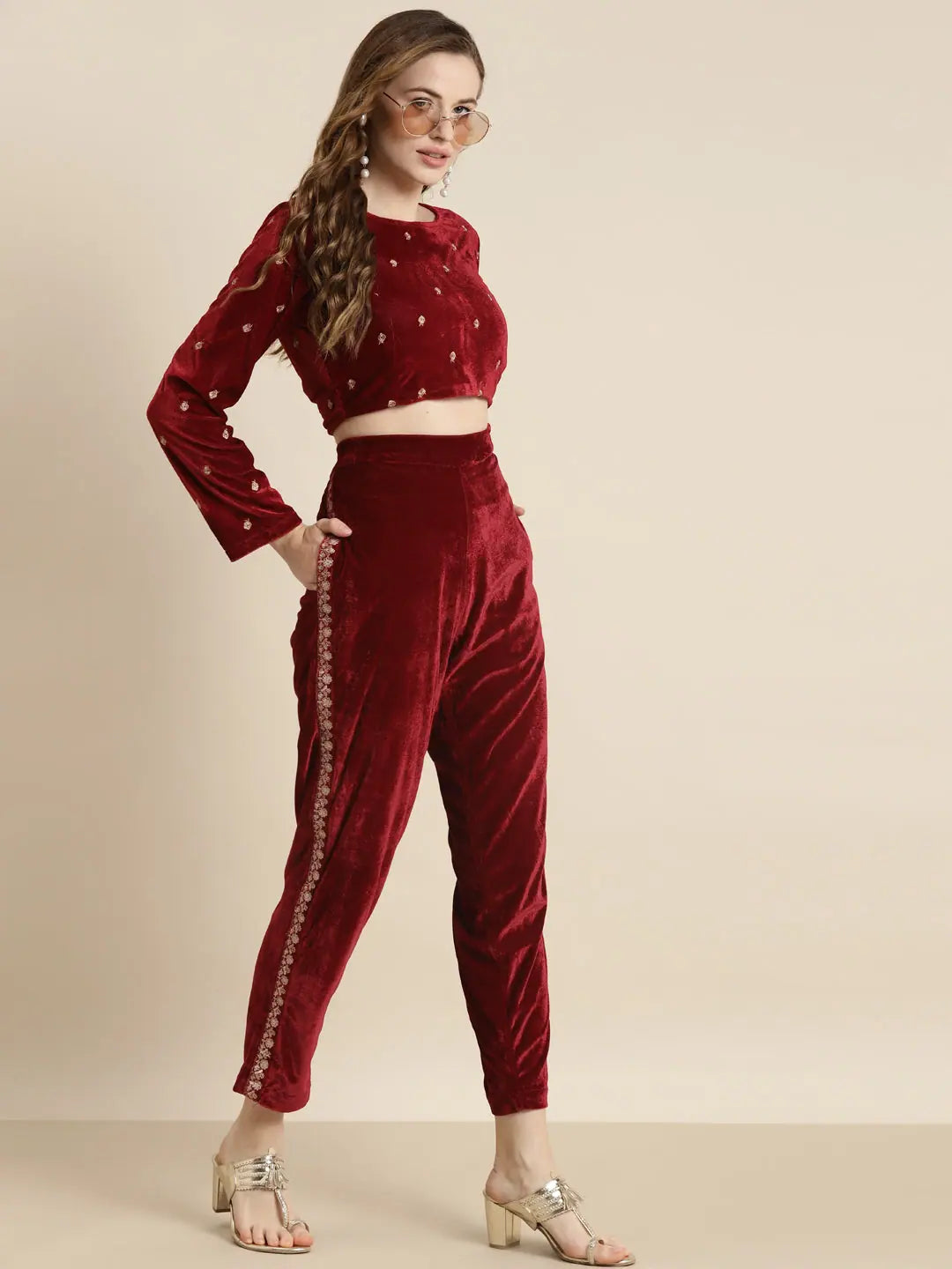 Maroon Embroidered Velvet Crop Top | Party Wear Lehenga Choli