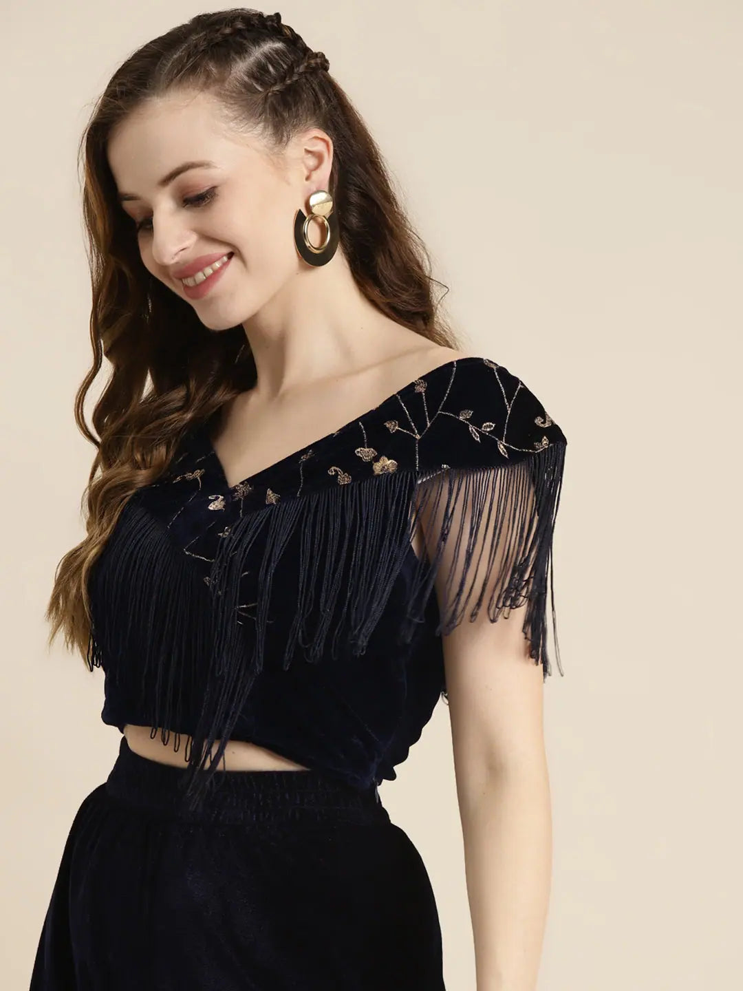 Navy Velvet Crop Top - Wedding Lehenga Choli Alternative