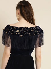 Navy Embroidered Fringe Lace Velvet Crop Top