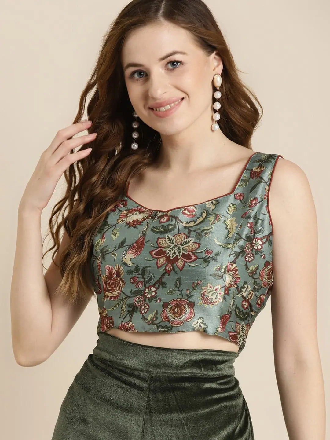 Olive Floral Crop Top - Party Wear Lehenga Choli Look!