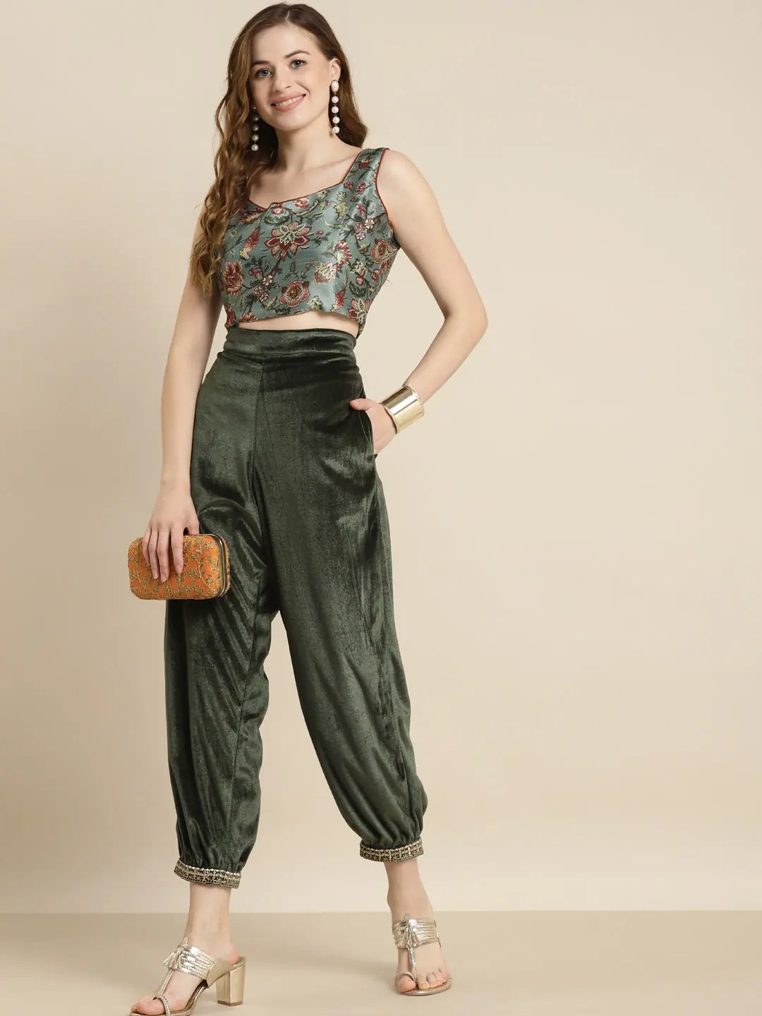Olive Floral Crop Top - Party Wear Lehenga Choli Look!