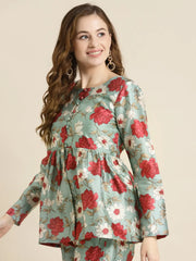 Sea Green Floral Front Button Top
