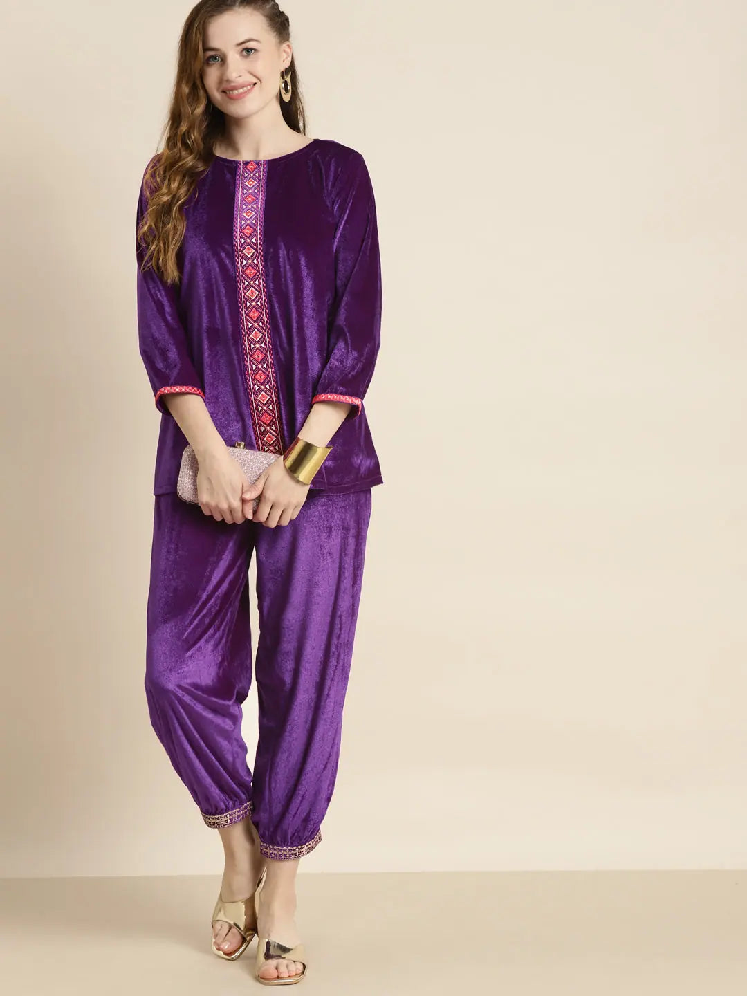 Purple Velvet Embroidered Top - Traditional Indian Lehenga Look
