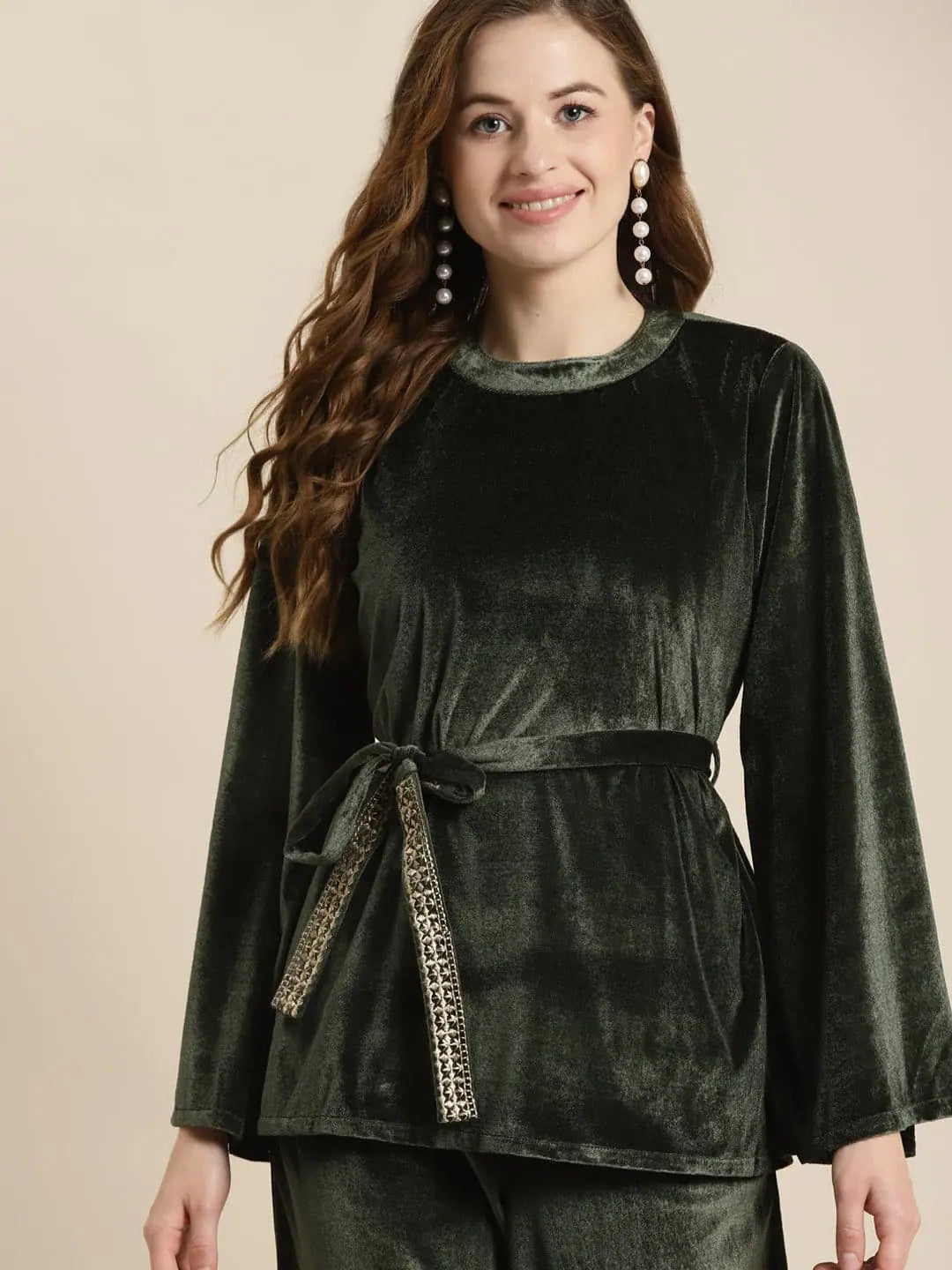 Olive Velvet Top with Belt - Ethnic Lehenga Party Look