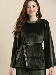 Olive Embroidered Waist Belt Velvet Top