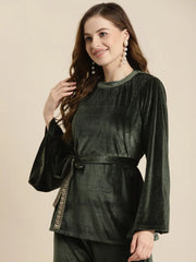 Olive Embroidered Waist Belt Velvet Top