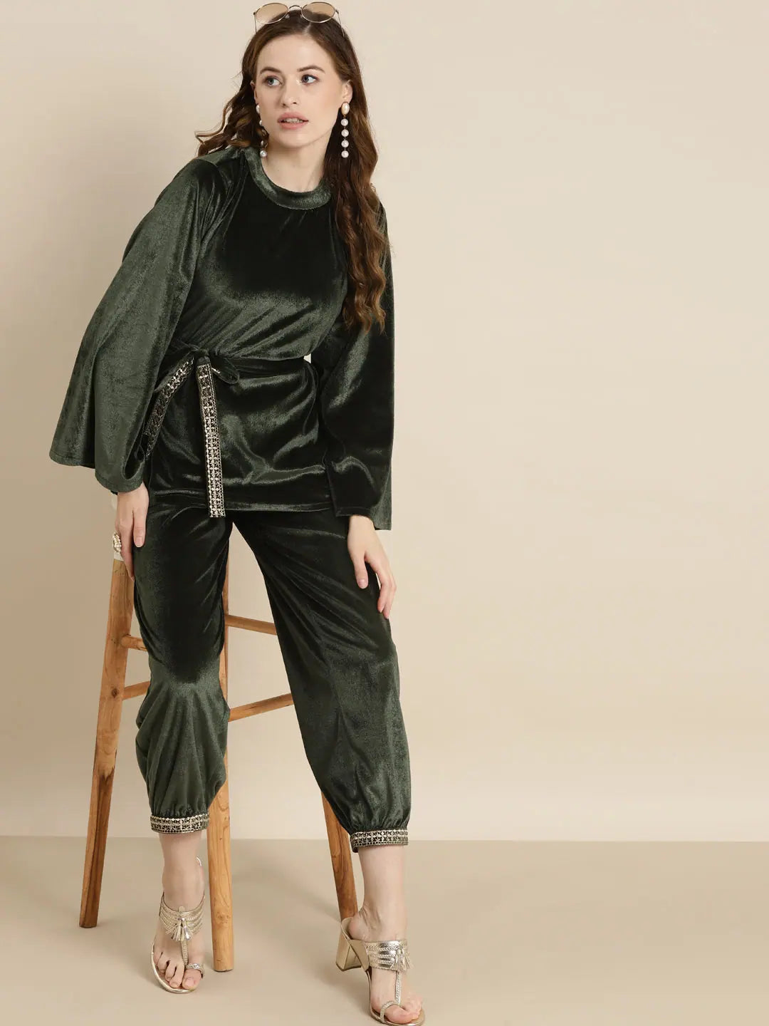 Olive Embroidered Waist Belt Velvet Top