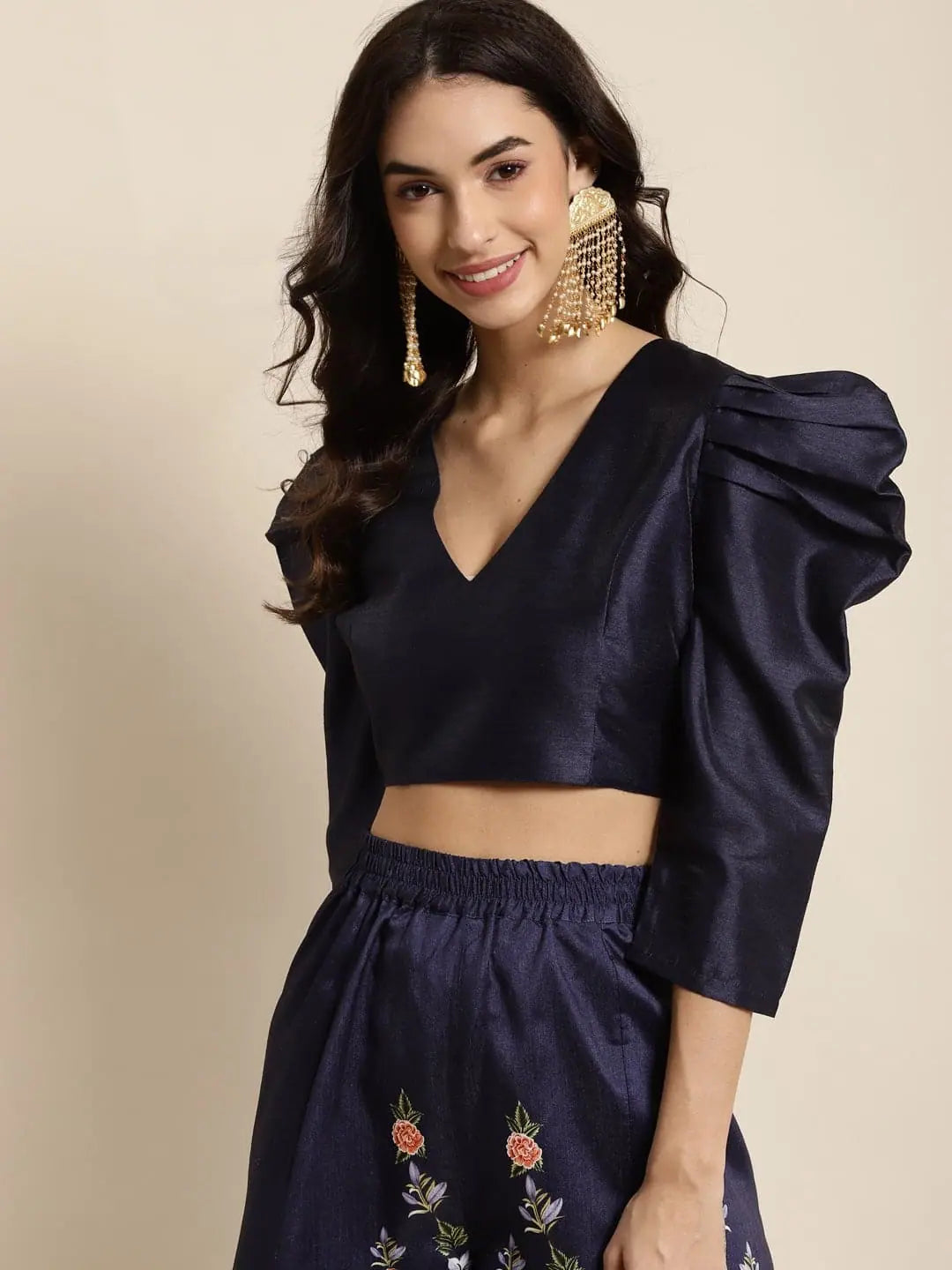 Navy Puff Shoulder Crop Top | Women's Lehenga & Ethnic Lehenga