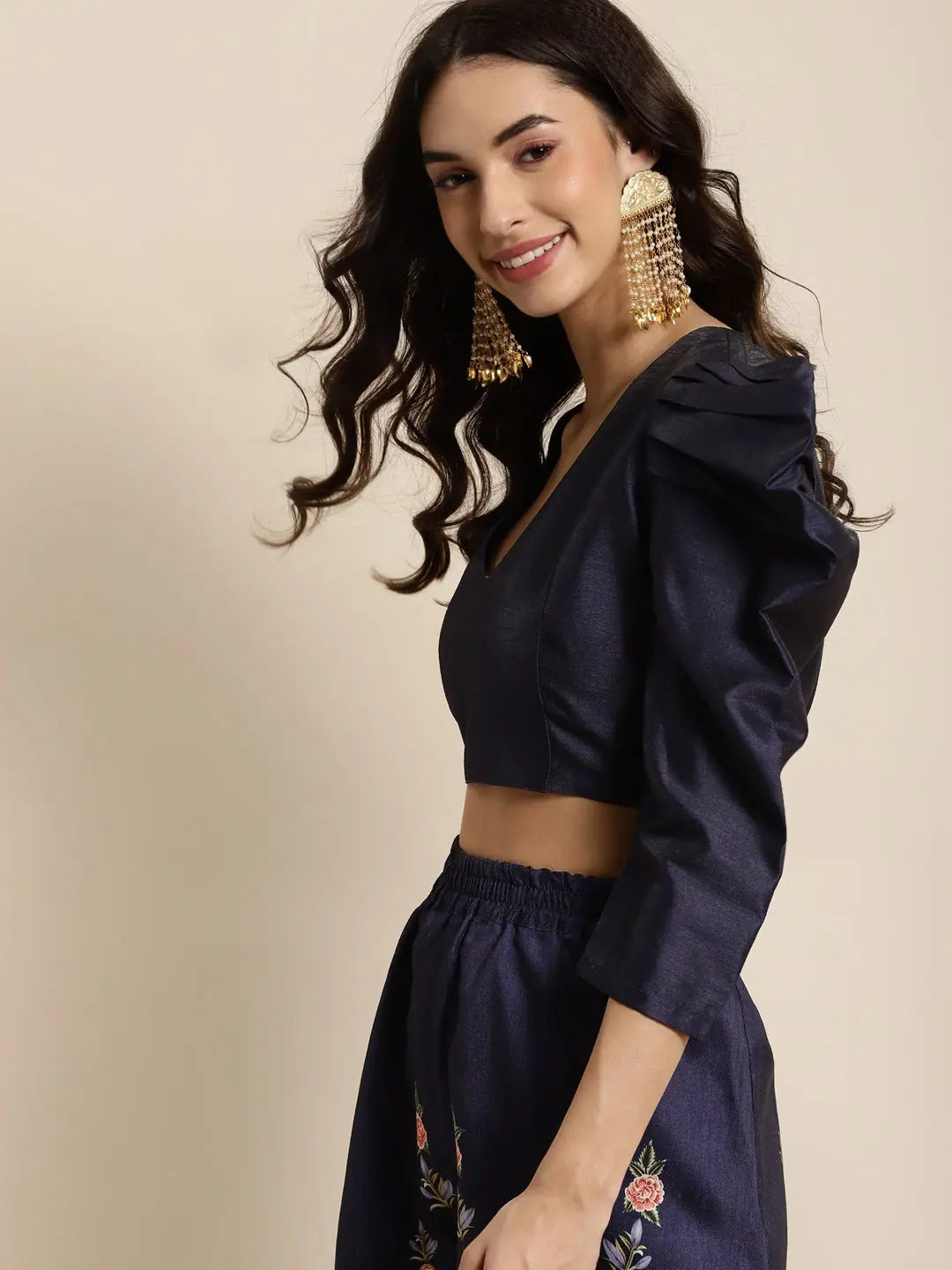 Navy Puff Shoulder Crop Top | Women's Lehenga & Ethnic Lehenga