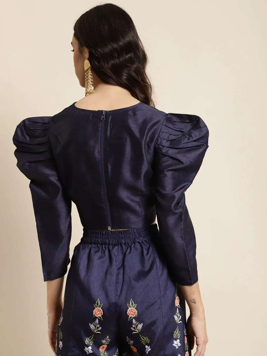 Navy Puff Shoulder Crop Top | Women's Lehenga & Ethnic Lehenga