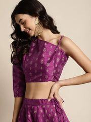 Purple Foil Floral Puff One Shoulder Crop Top