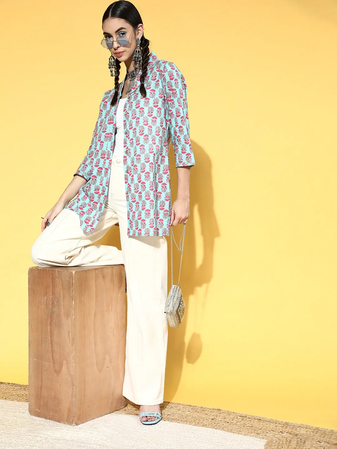 Women Sky Blue Booti Floral Shawl Collar Top