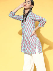 Women Sky Blue Booti Floral Shawl Collar Top