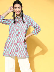 Women Sky Blue Booti Floral Shawl Collar Top