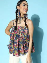 Women Navy Big Floral Strappy Top