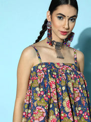 Women Navy Big Floral Strappy Top