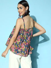 Women Navy Big Floral Strappy Top