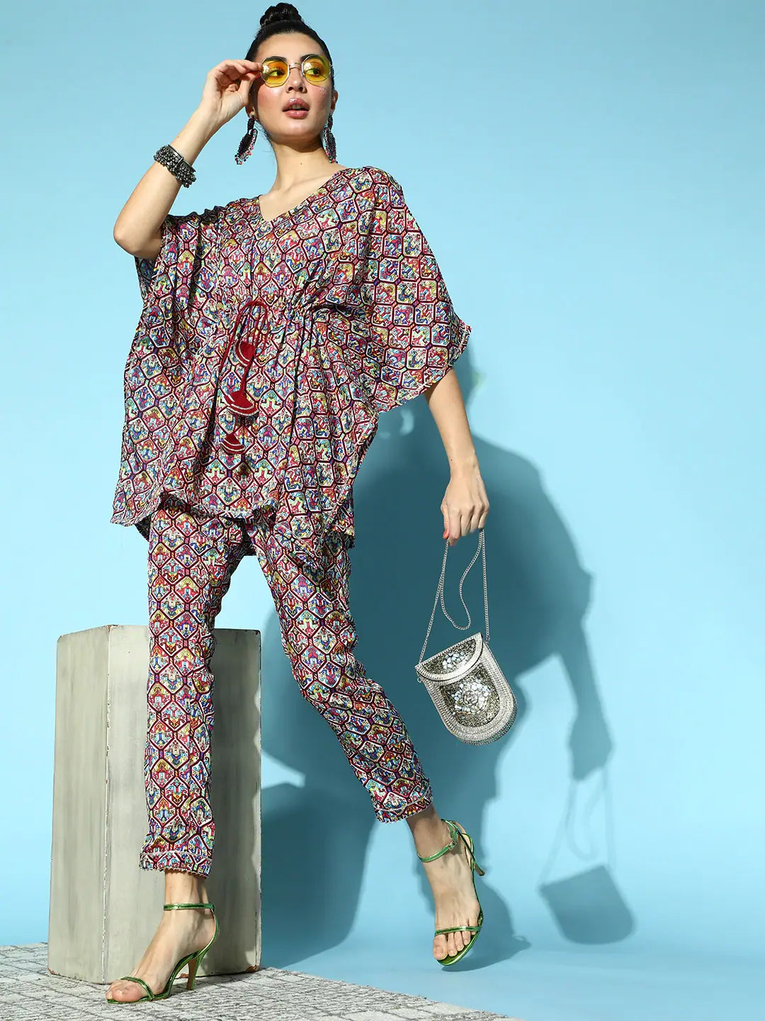 White Patola Kaftan Top - Women's Short Kurti Indian Top