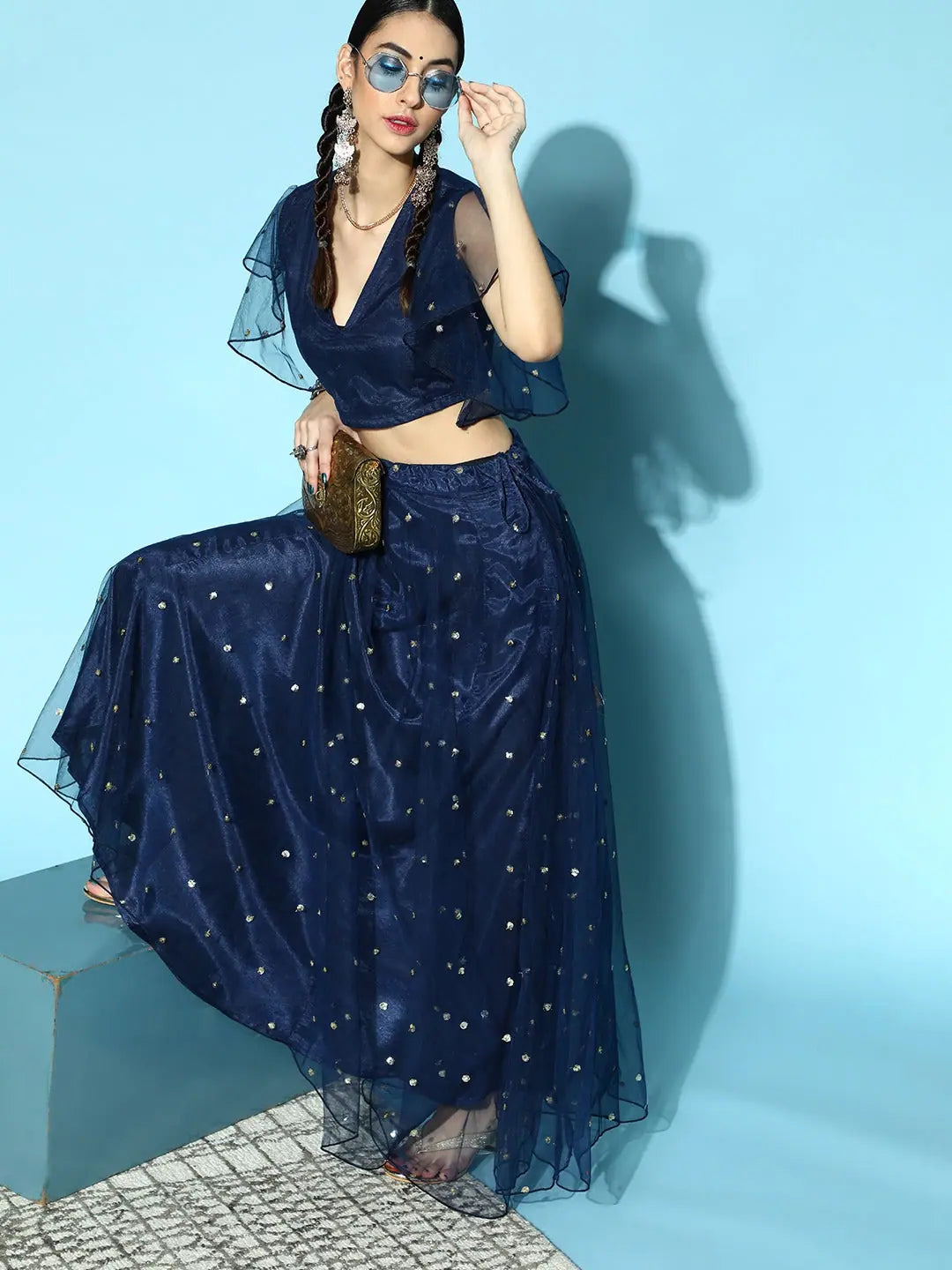 Sequin Frill Crop Top | Women's Lehenga Party Wear