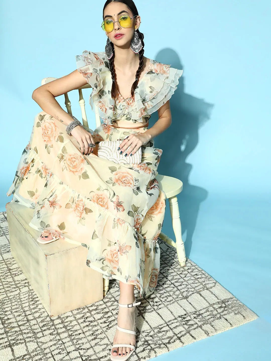 Floral Frill Crop Top | Designer Lehenga Choli Look