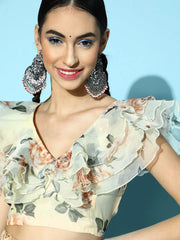 Women Beige Floral Frill Crop Top